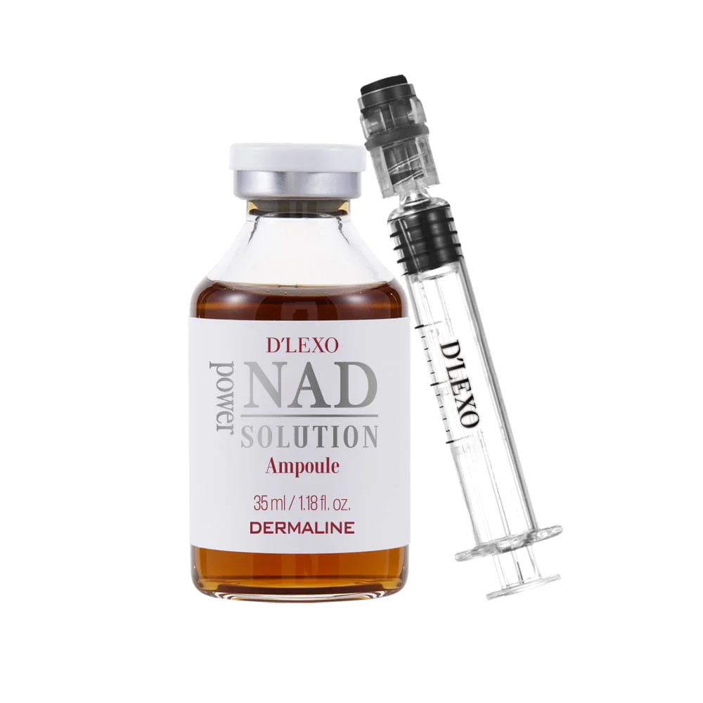 DERMALINE D'LEXO NAD Power Solution Ampoule energizuojanti, skaistinanti ampulė su NAD, niacinamidu, 6 pažangiu peptidų kompleksu ir 7 hialuronų formų kompleksu, 35 ml