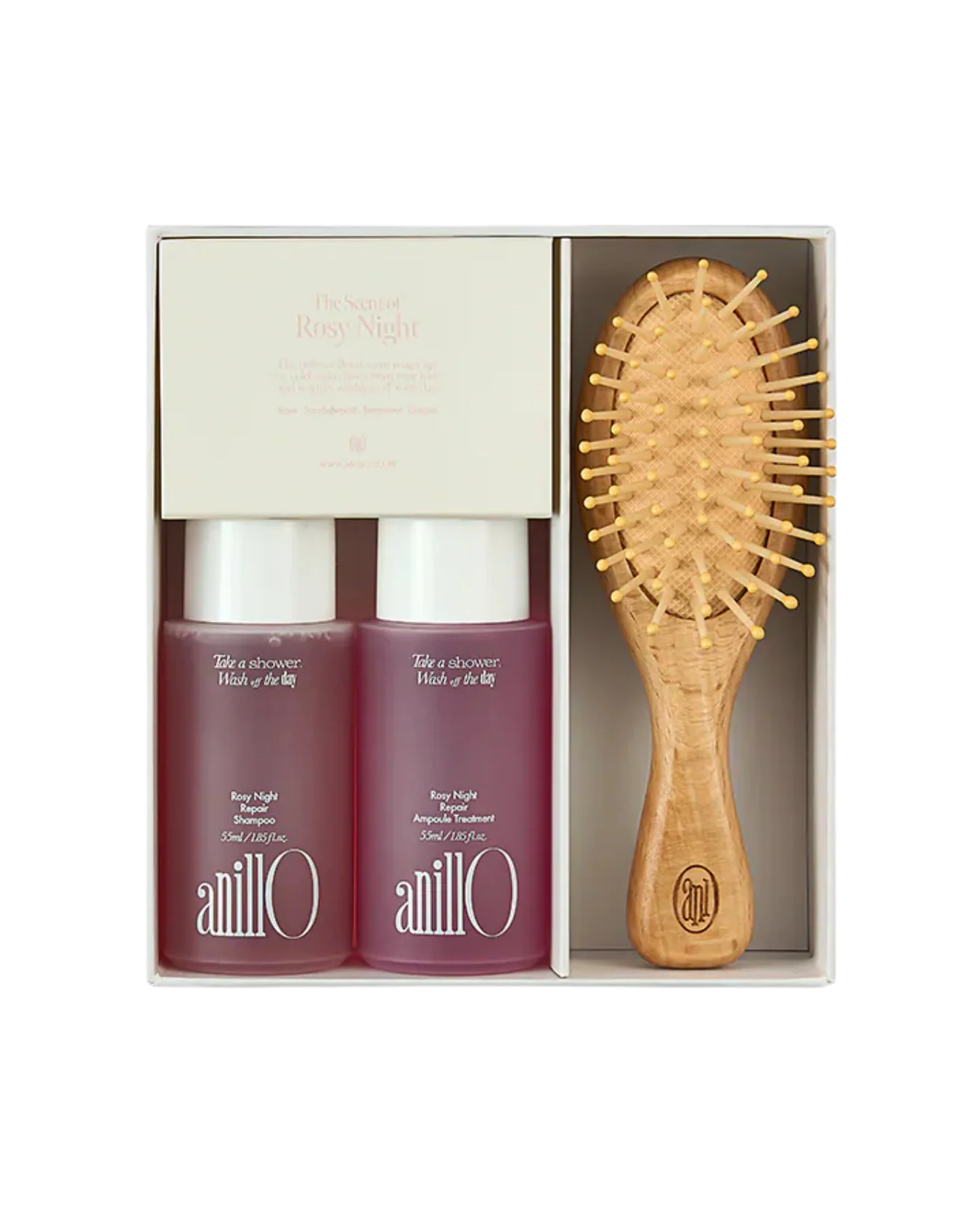 AnillO Rosy Night Repair Hair & Brush Set – plaukų priežiūros rinkinys su šepečiu
