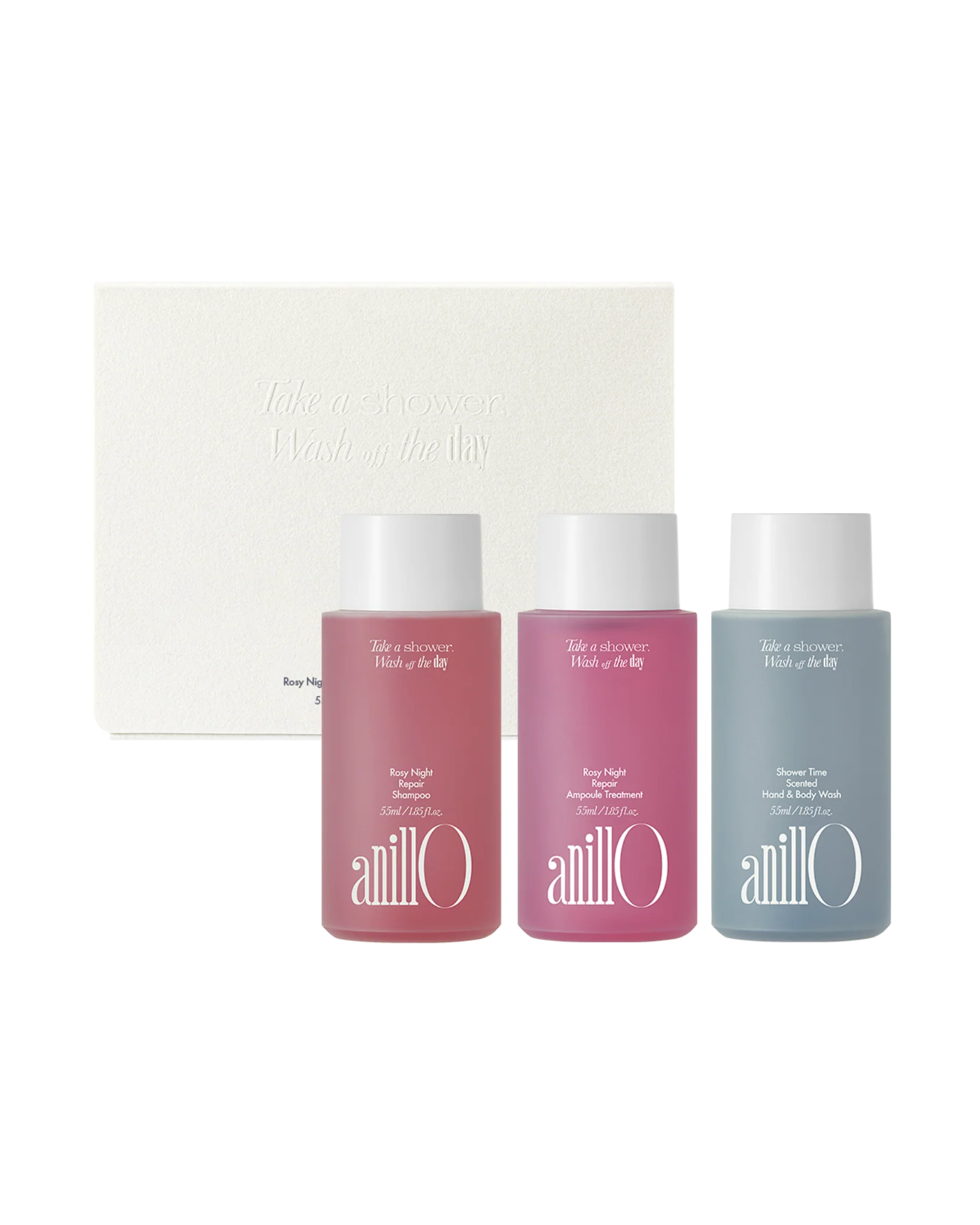 AnillO Rosy Night & Shower Time Travel Shower Kit – kelioninis kūno ir plaukų priežiūros rinkinys