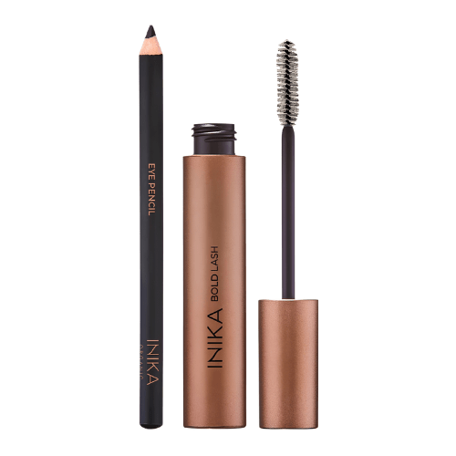 Inika Organic Bold Lash blakstienų tušas (Black) ir akių pieštukas (Cocoa)