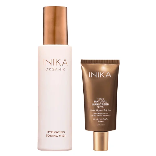 Inika Organic drėkinanti veido dulksna ir natūralus apsauginis veido kremas su atspalviu SPF50+