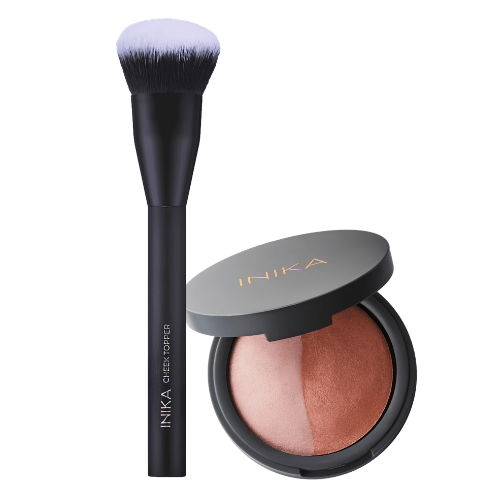 Inika Organic kompaktiniai mineraliniai skaistalai duo (pink tickle) ir skaistalų šepetėlis