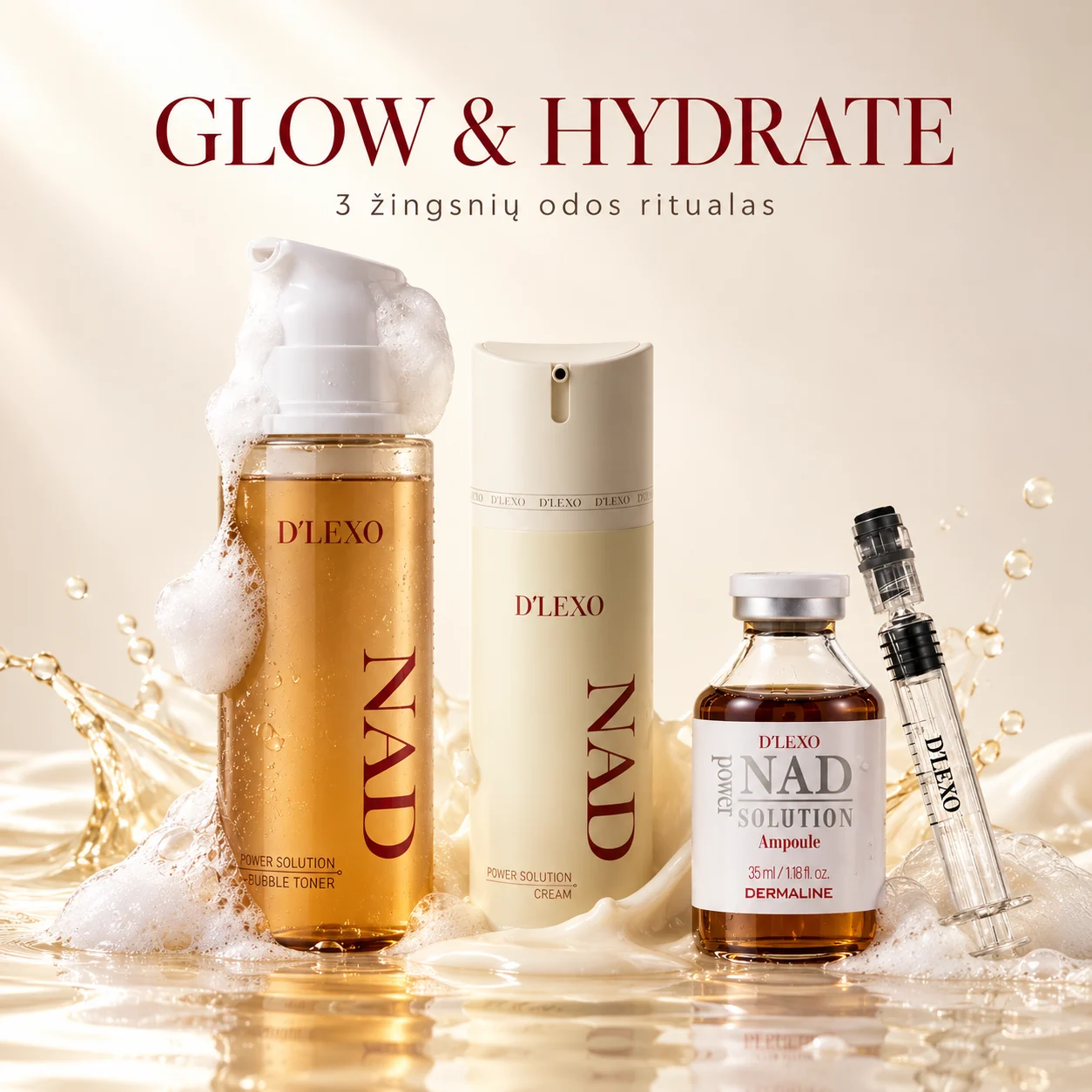 DERMALINE D’LEXO NAD Glow & Hydrate trijų žingsnių ritualas drėgmės, gyvybingumo ir švytėjimo stokojančiai odai