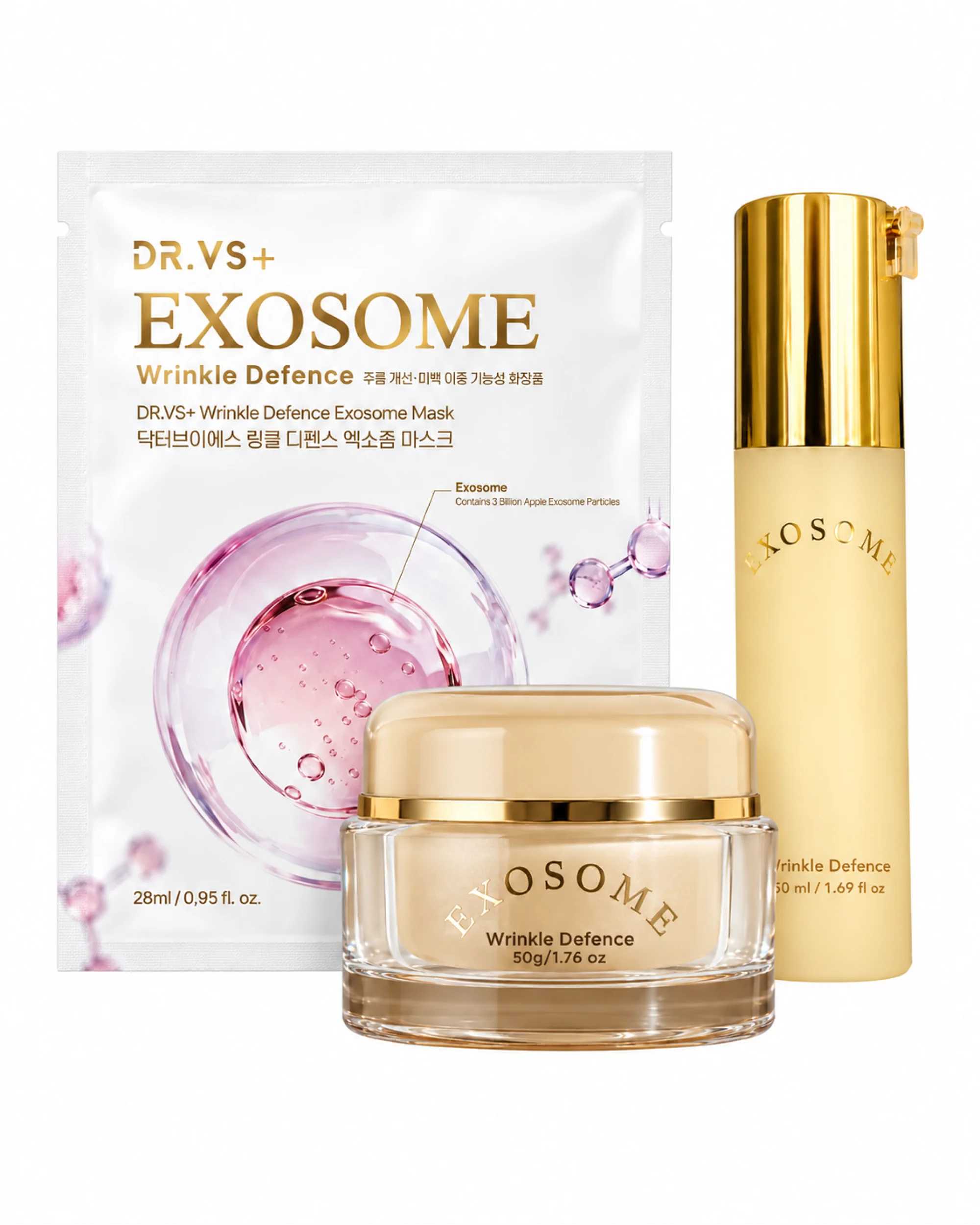 DR.VS+ Priešraukšlinis veido priežiūros rinkinys EXOSOME WRINKLE DEFENCE su egzosomomis: kremas, esencija ir kaukė